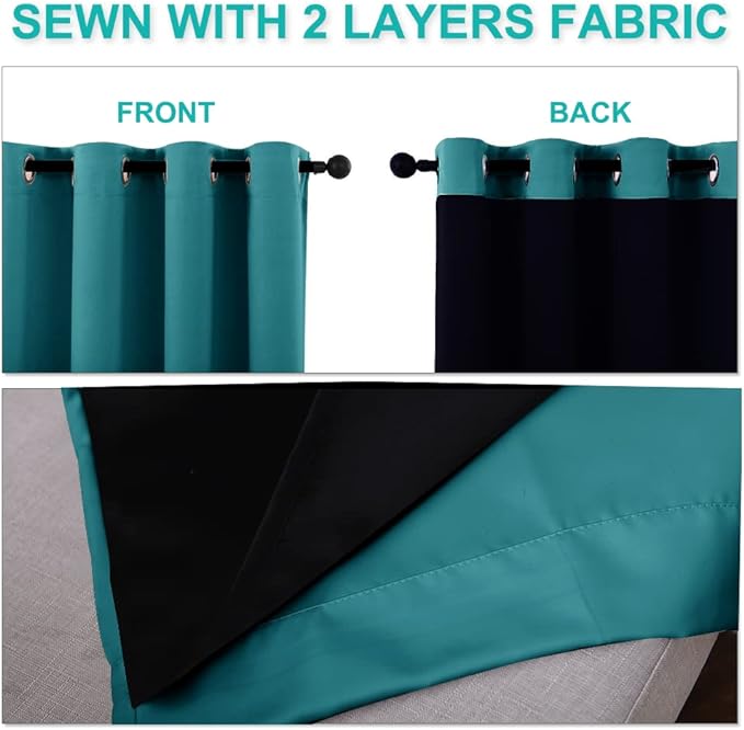 NICETOWN 100% Blackout Short Curtains with Black Liners, 2 Panels, 37" W by 50" L, Peacock Teal, Solid Thermal Insulated Full Blackout 2-Layer Lined Drapes, Energy Efficiency Window Drapes for Bedroom