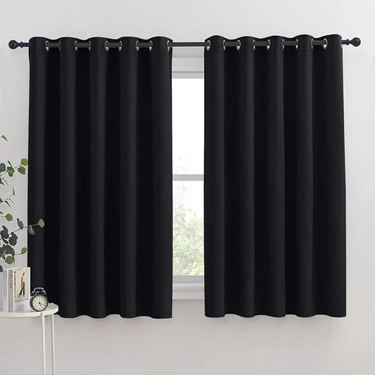 NICETOWN Bathroom Blackout Curtains and Drapes, Black Solid Thermal Insulated Grommet Blackout Drapery Panels for Window (2 Panels, 70 inches Wide by 63 inches Long, Black)