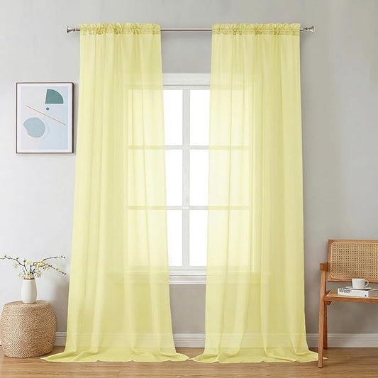 Chyhomenyc Sheer Curtains 96 inches Long 2 Panels - Light Filtering Soft Airy Solid Elegant Voile Window Treatment Drapes for Bedroom Living Room, 42Wx96L, 8FT, Light Yellow