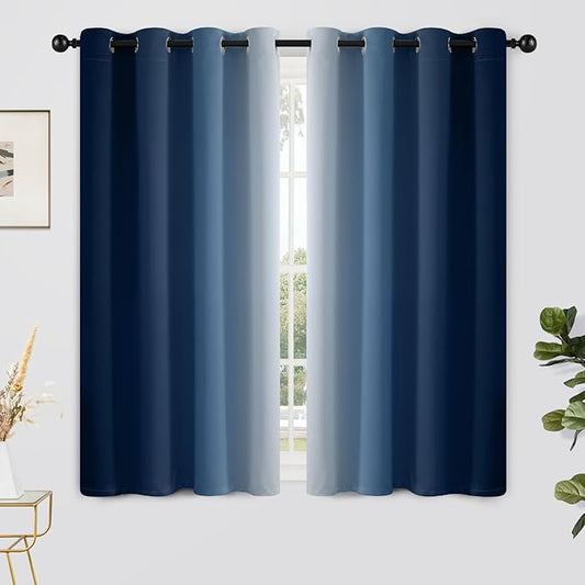 Yakamok Blue and Greyish White Ombre Curtains, Room Darkening Gradient Color Curtains for Bedroom, Light Blocking Thermal Insulated Window Drapes for Living Room(2 Panels, 52x54 Inch)