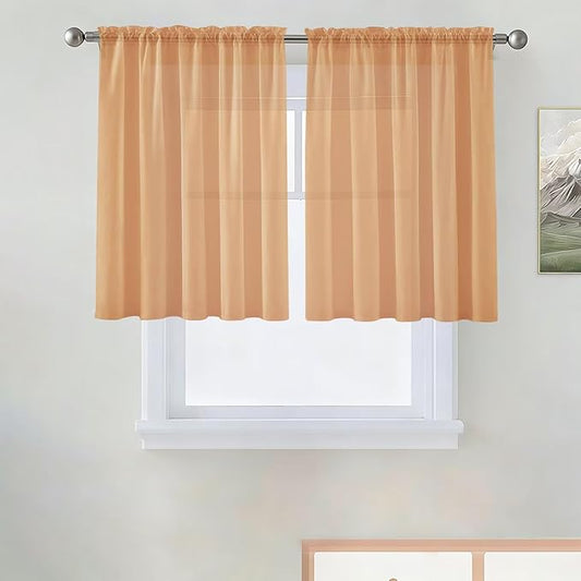 SpaceDresser Basic Rod Pocket Sheer Voile Window Curtain Panels Beige 1 Pair 2 Panels 52 Width 36 Inch Long for Kitchen Bedroom Children Living Room Yard（Beige, 52W x 36L）