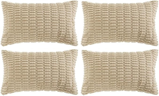 Fancy Homi 4 Packs Tan Decorative Throw Pillow Covers 12x20 Inch for Living Room Couch Bed Sofa, Beige Rustic Farmhouse Boho Home Decor, Soft Plush Striped Corduroy Square Cushion Case 30x50 cm