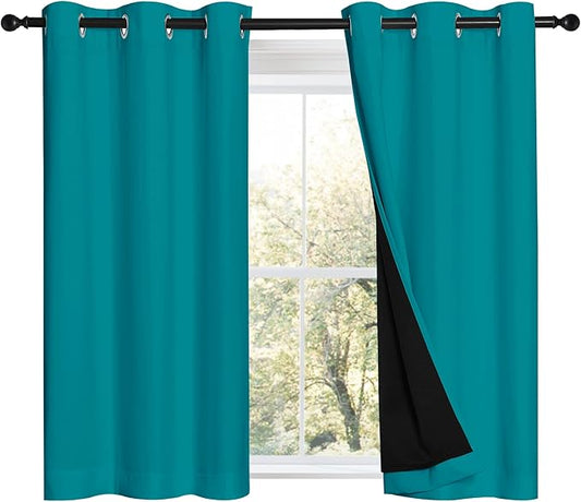 NICETOWN Peacock Teal 100% Blackout Curtains 45 inches Long, 2 Thick Layers Completely Blackout Window Treatment Thermal Insulated Lined Drapes for Small Window (1 Pair, 42 inches Width Each Panel)