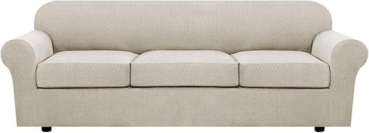 H.VERSAILTEX 4 Piece Stretch Sofa Covers for 3 Cushion Couch Covers for Living Room Furniture Slipcovers (Base Cover Plus 3 Seat Cushion Covers) Thicker Jacquard Fabric (Large Sofa, Island Fossi)