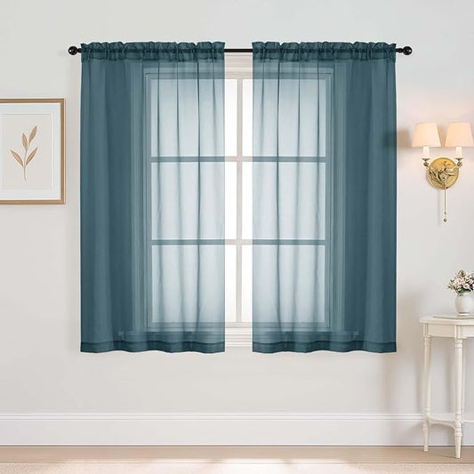 Window Sheer Curtains 45 Inches Length, Voile Short Curtains for Living Room Bedroom, Modern Soft Window Drapes 2 Panels Set, Top Dual Rod Pocket Design, Dusty Blue, 2x42Wx45L Inches