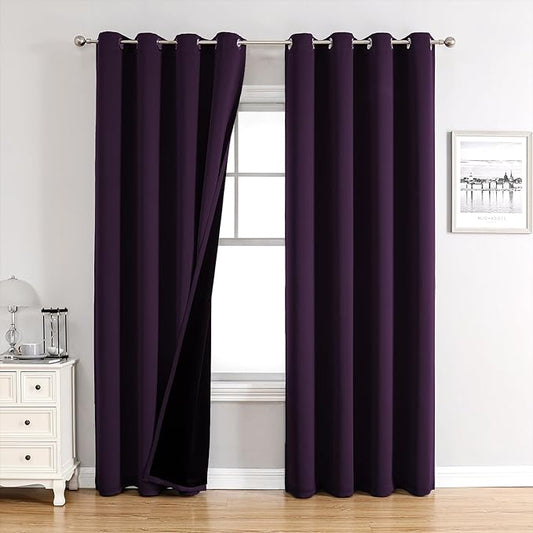 ChrisDowa 100% Blackout Curtains 102 inch Long for Bedroom with Black Liner, 2 Thick Layers Total Blackout Thermal Insulated Grommet Window Curtains 2 Panels Set (Royal Purple, 52 x 102 Inch)