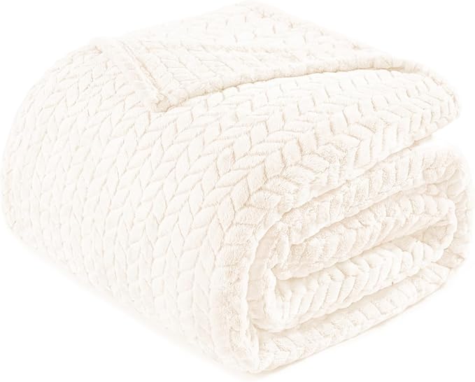 Exclusivo Mezcla Fleece Twin Size Blanket for Bed, 60x80 Inches Soft Cozy Jacquard Flannel Blankets, Lightweight Fuzzy Plush Warm for Women, Off White
