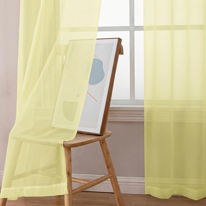 Simplebrand Light Yellow Short Sheer Curtains 45 Inch Length for Small Windows, Rod Pocket 2 Panels Set Solid Voile Drapes Window Sheer Curtains for Bedroom Bathroom Kids Room Kitchen, 42x45 Inch