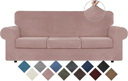 WEERRW 4 Pieces Velvet High Stretch Couch Covers for 3 Cushion Couch Sofa Slipcovers, Washable Furniture Protector with Non Slip Elastic Bottom, Feature Soft and Thick Plush Fabric, Pink, Large