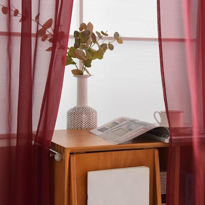 SpaceDresser Burgundy Sheer Curtains 4 Panels Rod Pocket Semi-Sheer Curtain 108 Inches Long Light Filtering Voile Window Drapes for Bedroom Living Room Kitchen, Each 52W x 108L