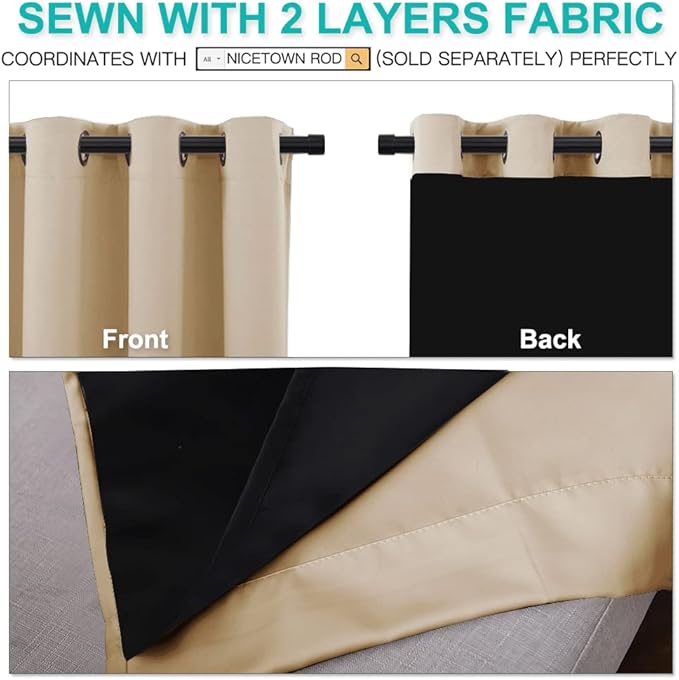 NICETOWN Thermal Insulated 100% Blackout Curtains, Sound Proof Drapes with Black Backing, Full Light Blocking Panels for Patio Sliding Door (Biscotti Beige, 2 Panels, 70 inches x 108 inches)