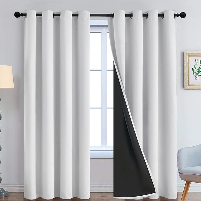 Yakamok 100% Blackout Curtains 96 Inches Long, 2 Thick Layers Heat and Full Light Blocking Soft Thermal Insulated Drapes for Bedroom(52" Wide Each Panel, Greyish White, 2 Panels)