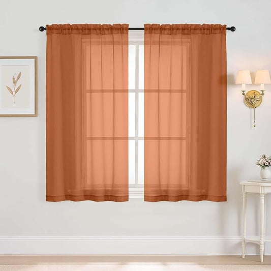 Orange Window Sheer Curtains 54 inch Length, Soft Airy Light Filtering Sheer Curtain 2 Panels Set, Dual Rod Pocket Gauze Orange Drapes for Living Room Bedroom, 2x42Wx54L Inches
