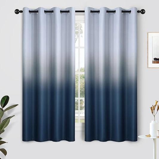 SimpleHome Ombre Curtains 52 x 63 Inch for Bedroom 2 Panels, Gradient Grey White to Navy Blue Light Blocking Thermal Insulated Grommet Room Darkening Window Curtain/Drapes for Living Room