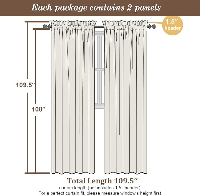 Chyhomenyc Extra Long Cream Sheer Curtains 108 Inches Long 2 Panels, Light Filtering Cream Curtains for Living Room, Soft Gentle Voile Rod Pocket Bedroom Window Drapes, 59Wx108L Inch, 9FT, 2PCS