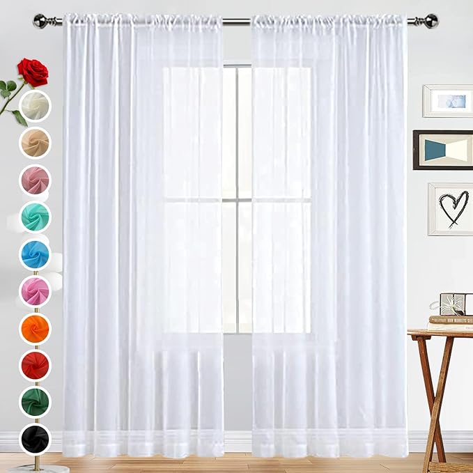 SpaceDresser Basic Rod Pocket Sheer Voile Window Curtain Panels White 1 Pair 2 Panels 60 Width 63 Inch Long for Kitchen Bedroom Children Living Room Yard（White，60Wx 63L）