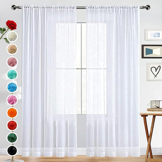 SpaceDresser Basic Rod Pocket Sheer Voile Window Curtain Panels White 1 Pair 2 Panels 52 Width 90 Inch Long for Kitchen Bedroom Children Living Room Yard(White,52 W x 90 L)