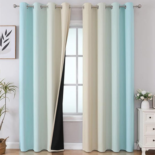 Estelar Textiler Aqua and Beige Gradient Blackout Curtains 84 Inches Long, Thermal Insulated Ombre Blackout Drapes for Bedroom, Room Darkening Energy Saving Curtains for Living Room, 52Wx84L, 2 Panels