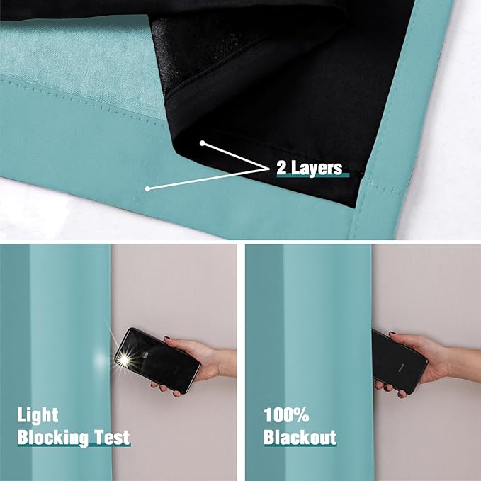 ChrisDowa 100% Blackout Curtains 80 inch Long for Bedroom with Black Liner, 2 Thick Layers Total Blackout Thermal Insulated Grommet Window Curtains 2 Panels Set (Aqua, 52 x 80 Inch)
