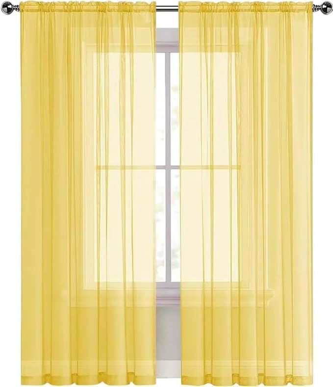 SpaceDresser Yellow Sheer Curtains 4 Panels Rod Pocket Semi-Sheer Curtain 63 Inches Long Light Filtering Voile Window Drapes for Bedroom Living Room Kitchen, Each 52W x 63L