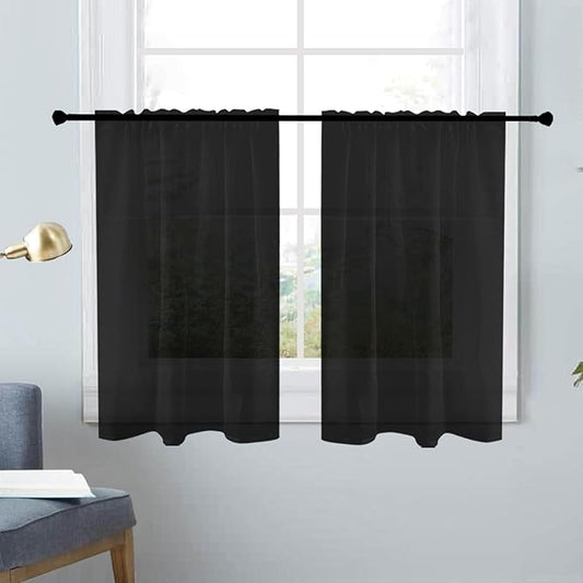 SpaceDresser Basic Rod Pocket Sheer Voile Window Curtain Panels Black 1 Pair 2 Panels 26 Width 24 Inch Long for Kitchen Bedroom Children Living Room Yard（Black，26Wx 24L）