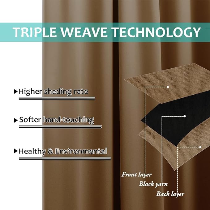 NICETOWN 100% Blackout Curtains 45 inches Long, Gold Brown, 1 Pair, 42 inches Width Each Panel, 2 Thick Layers Completely Blackout Window Treatment Thermal Insulated Lined Drapes for Small Window