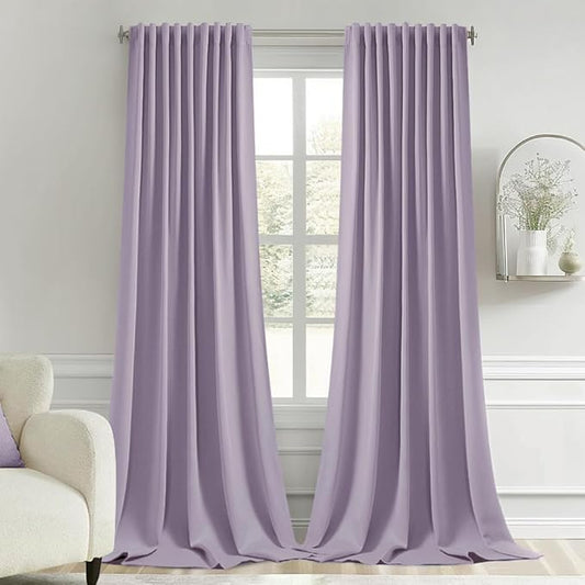 MIULEE Lilac Back Tab Blackout Curtains 108 Inch Long 2 Panels Set for Bedroom, Rod Pocket/Pinch Pleat Extra Long Thermal Insulated Living Room Darkening Pleated Light Blocking Drapes