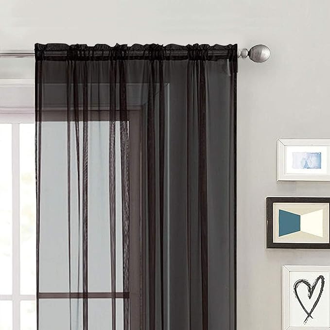 SpaceDresser Black Sheer Curtains 4 Panels Rod Pocket Semi-Sheer Curtain 54 Inches Long Light Filtering Voile Window Drapes for Bedroom Living Room Kitchen, Each 52W x54L