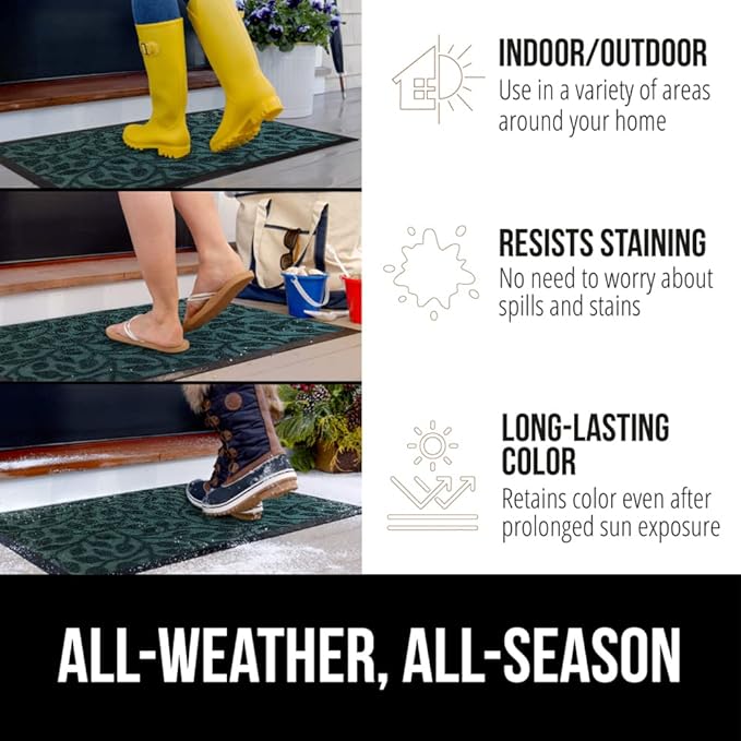 GORILLA GRIP 100% Waterproof All-Season WeatherMAX Doormat, US Designed Natural Rubber, Stain and Fade Resistant, Low Profile Indoor Outdoor Door Mats, Easy Clean Patio Mat, 29x17, Moss Vine Leaves