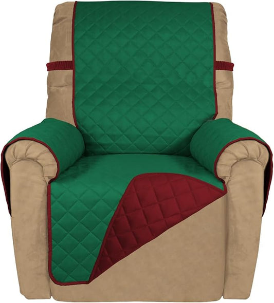 PureFit Reversible Quilted Sofa Cover, Water Resistant Slipcover Furniture Protector, Washable Couch Cover with Non Slip and Elastic Straps for Kids, Dogs, Pets (Small Recliner, Green/Red)