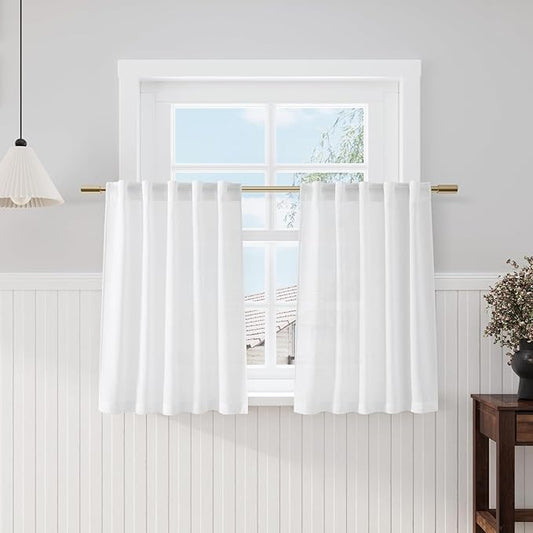 Short White Curtains 40 Inch Length for Small Window - Linen Semi Sheer Curtain with Back Tab and Rod Pocket Light Filtering Front Door Drapes for Cafe Bedroom Kitchen, 2 Panels Set 29 X 40 Inch