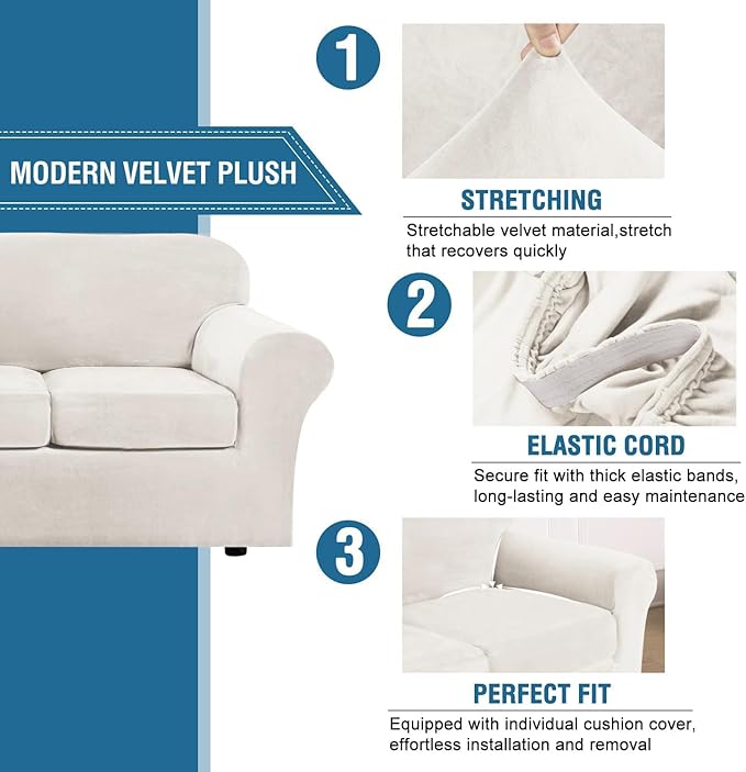 H.VERSAILTEX Real Velvet Plush 3 Piece Stretch Sofa Covers Couch Covers for 2 Cushion Couch Loveseat Covers Width Up to 72 Inch Feature Thick Soft Stay in Place (Medium Sofa, Porcelain White)