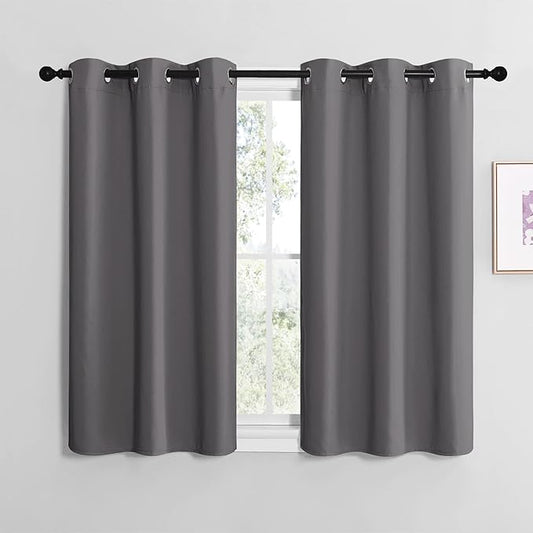 NICETOWN Grey Blackout Curtain Panels for Bedroom, 2 Panels, W29 x L30-inch, Thermal Insulated Grommet Top Blackout Draperies and Drapes for Basement