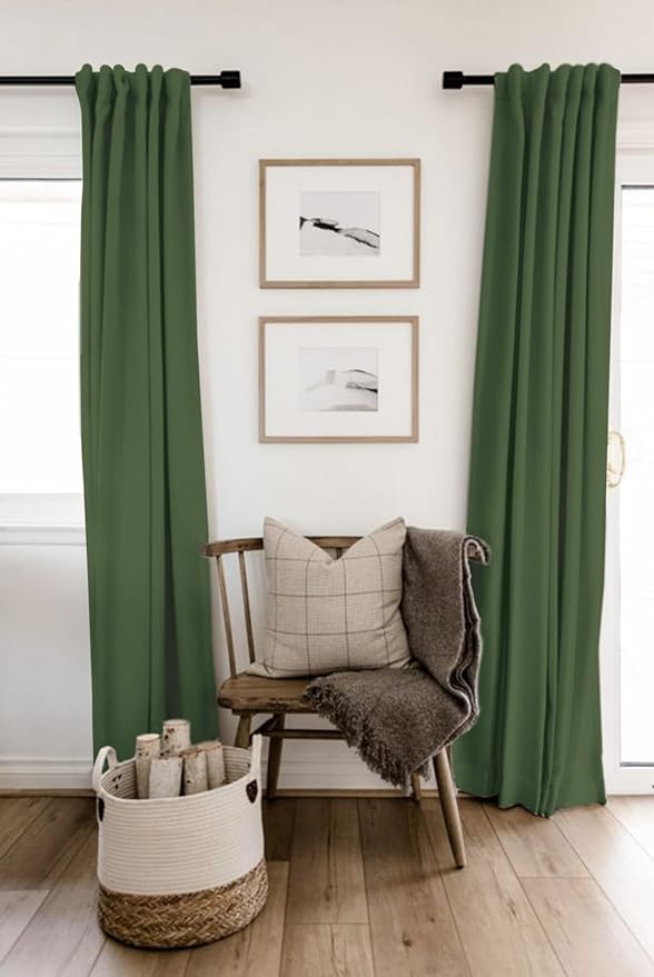 100% Blackout Shield Linen Blackout Curtains for Bedroom 72 Inches Long, Back Tab/Rod Pocket Living Room Drapes, Thermal Insulated Blackout Curtains 2 Panels Set, 50" W x 72" L, Moss Green