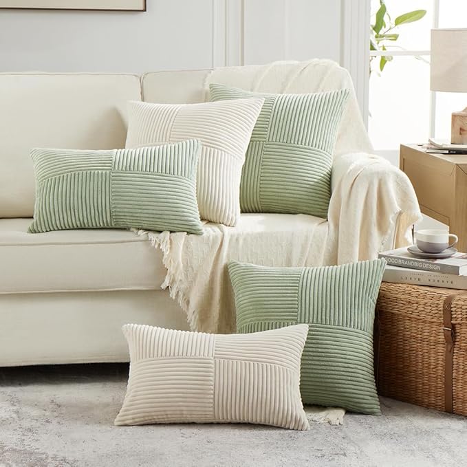 Fancy Homi 2 Packs Sage Green Lumbar Decorative Throw Pillow Covers 16x28 Inch for Living Room Couch Bed, Rustic Farmhouse Boho Home Decor, Soft Striped Corduroy Rectangle Accent Cushion Case 40x70 cm