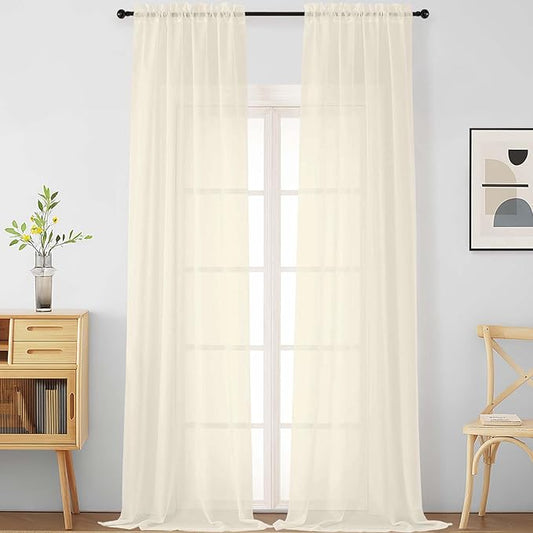 Cream Sheer Curtains for Windows 108 inches Long 2 Panels Set, Soft Lightweight Light Filtering Drapes for Living Room Bedroom, Dual Rod Pocket Sheer Curtains, 2x42Wx108L inches