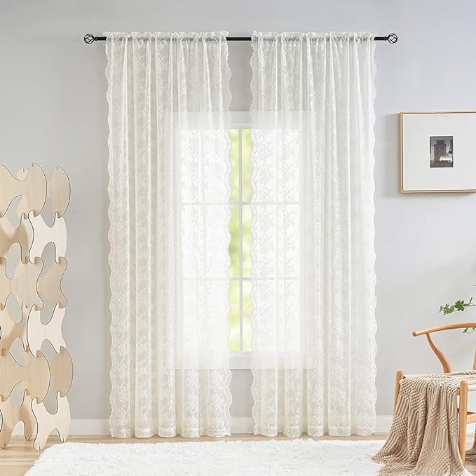 YJ YANJUN Vintage Lace Curtains 72 Inches Long- Antique Flowers Ivory Sheer Curtain Panels for Living Room Bedroom French Door, Light Filtering Drapes, 2 Panels 52W x 72L Cream