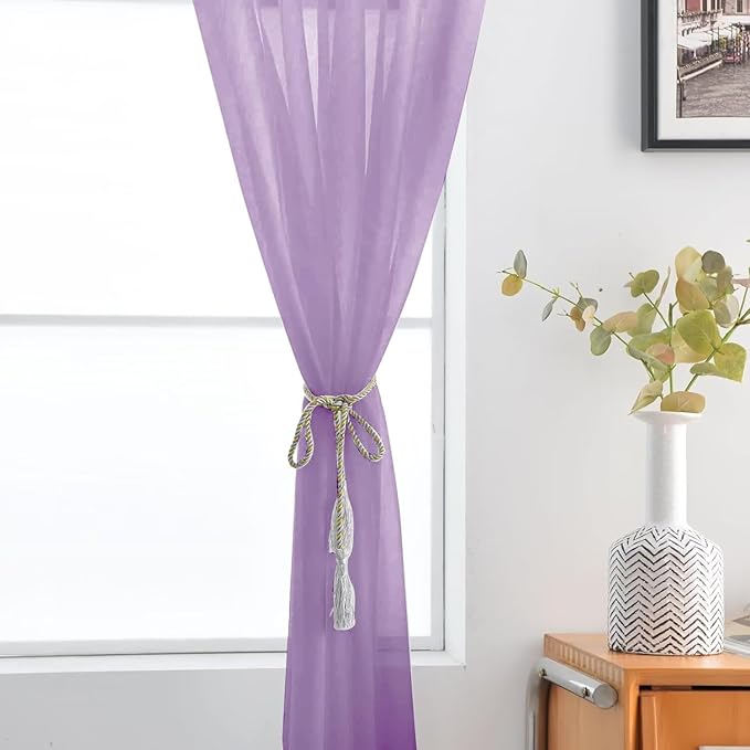 SpaceDresser Sheer Voile Window Treatment Rod Pocket Curtain Panels for Kitchen Bedroom Living Room Drapes Sunlight Filtering Privacy Semi Home Decor Assorted (Lavender, 52 W x 96 L)