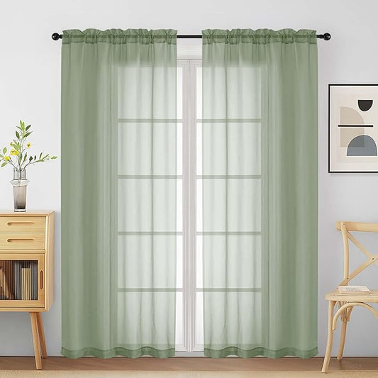 Sage Green Sheer Curtains for Window 72 inches Long 2 Panels Set, Soft Airy Modern Light Filtering Sheer Curtains for Living Room Bedroom, Dual Rod Pocket Solid Window Drapes, 2x42Wx72L inches
