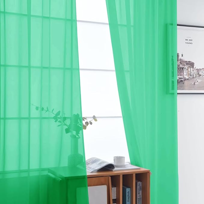 SpaceDresser Basic Rod Pocket Sheer Voile Window Curtain Panels Grass Green 1 Pair 2 Panels 52 Width 45 Inch Long for Kitchen Bedroom Children Living Room Yard（Grass Green, 52W x 45L）