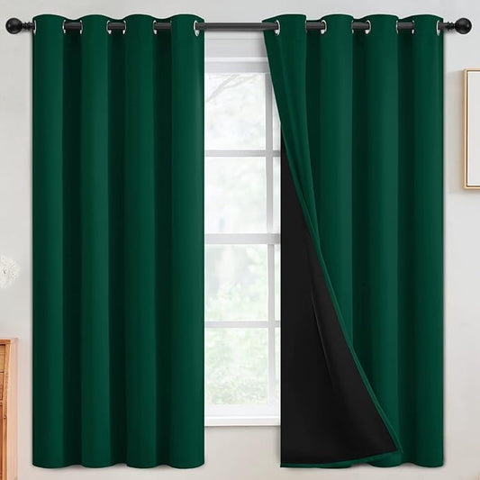SimpleHome 100% Blackout Curtains for Bedroom,Thermal Insulated Grommet Window Drapes Room Darkening Dark Green Curtains for Living Room with Black Back,52 x 63 Inch,2 Panels