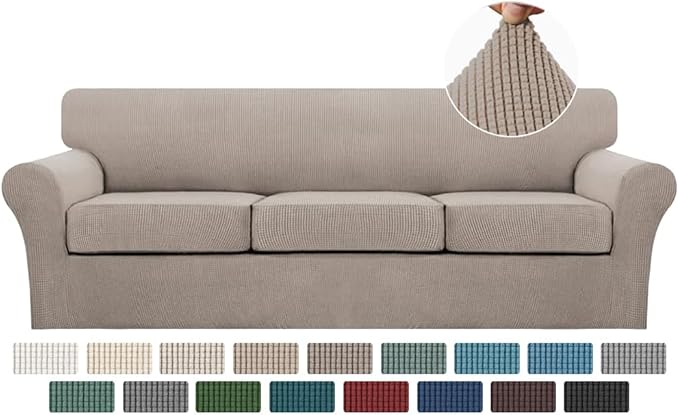 Turquoize 4 Piece Sofa Covers for 3 Cushion Couch Sofa Slipcover Soft Couch Cover for Dogs-Washable Sofa Furniture Covers with 3 Individual Large Cushion Covers, Feature Thick Fabric (XL Sofa, Sand)