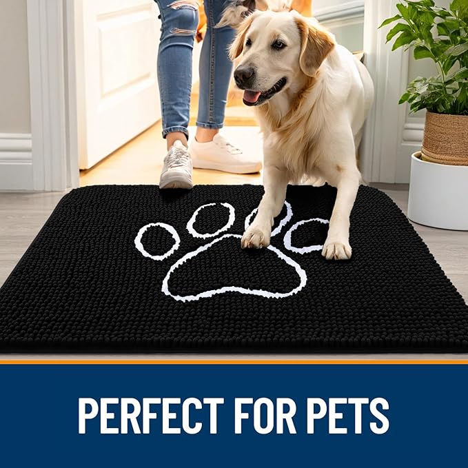 OLANLY Dog Door Mat for Muddy Paws 45x27, Paw Print Design, Absorbs Moisture and Dirt, Absorbent Non-Slip Washable Doormat, Quick Dry Chenille Mud Mat for Dogs, Entry Indoor Entryway Carpet, Black