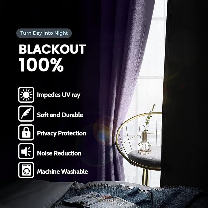 SimpleHome 100% Blackout Curtains for Bedroom,Thermal Insulated Lilac Grommet Window Drapes Room Darkening Curtains for Living Room with Black Back,38 x 63 Inch,2 Panels