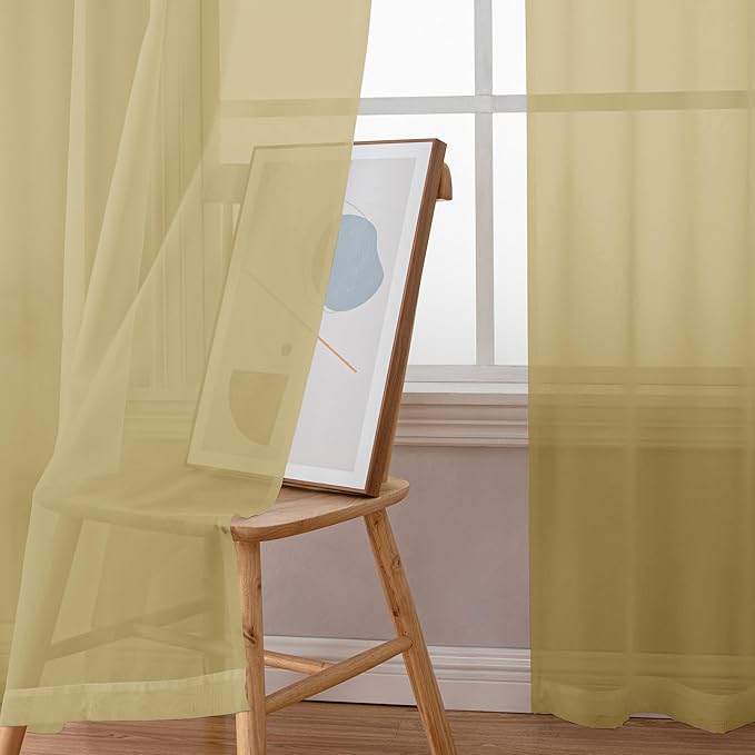 Simplebrand Gold Sheer Curtains 84 Inches Long, Light Filtering Rod Pocket Solid Color Window Sheer Curtain Panels, Elegant Curtains & Drapes for Living Room, Bedroom 2 Panels, 59" W x 84" L