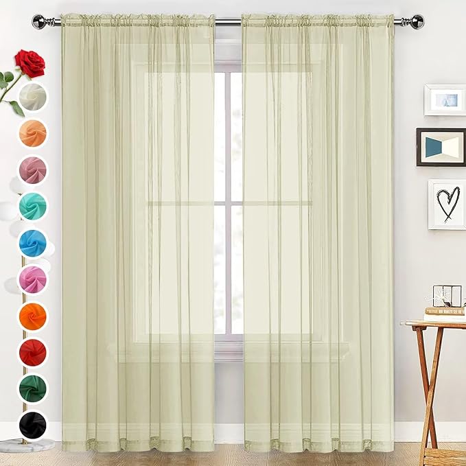 SpaceDresser Basic Rod Pocket Sheer Voile Window Curtain Panels Sage Green 1 Pair 2 Panels 52 Width 84 Inch Long for Kitchen Bedroom Children Living Room Yard（Sage Green, 52W x 84L）