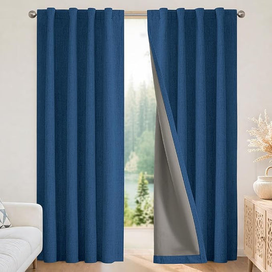 Joydeco Blackout Curtains for Bedroom - 100% Light Blocking 2 Panels Navy Blue Drapes 66" W x 90" L, Thermal Insulated Room Darkening Curtains, Linen Textured for Living Room, Rod Pocket & Back Tabs