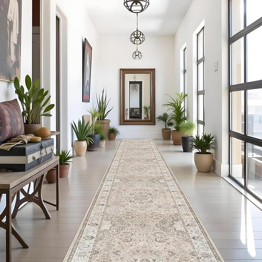 Hallway Washable Runner Rug - 3x16 Kitchen Rugs Entryway Rug Runner Vintage Soft Floor Mat Non Slip Indoor Farmhouse Carpet for Bathroom Living Room Bedroom (3 X 16, Beige)