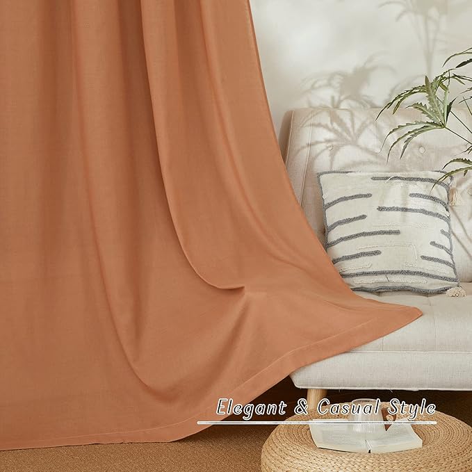 NICETOWN Thick Linen Burnt Orange Curtains for Bedroom, Grommet Linen Blend Window Treatment Privacy Added with Light Filtering Drapes for Bedroom/Girls Room, 2 Panels, W55 x L54