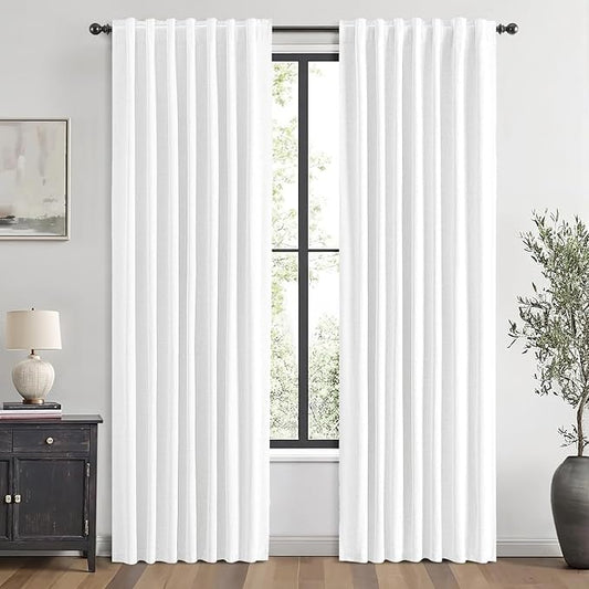 MIULEE 100% Blackout Linen Curtains for Bedroom, Bright White Solid Luxury Decor Thermal Insulation Room Darkening Drapes for Living Room Nursery Back Tab Rod Pocket 42 x 63 Inches, 2 Panels